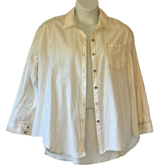Free People Oversized Shirt Jacket Cream with Tan Exposed Stitching Raw Seams  S - Picture 1 of 11